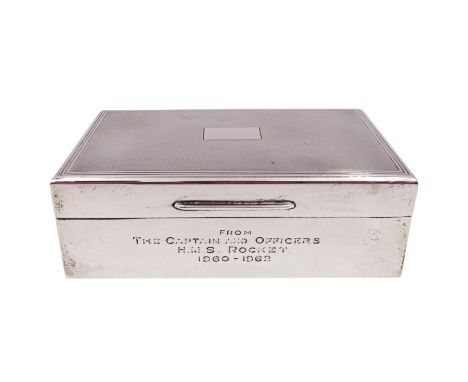 Mid 20th century silver mounted cigarette box, of rectangular form, with presentation engraving to body reading 'From The Cap