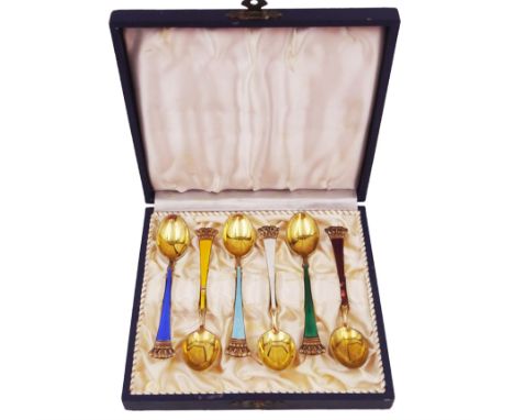 Set of six Danish silver-gilt harlequin enamel demitasse spoons with crown finials, by Egon Lauridsen, stamped ELA Denmark St