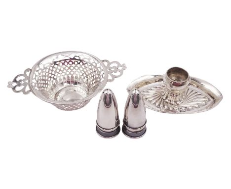 Group of silver, comprising Victorian candlestick, with navette shaped part fluted drip tray, and shield shaped match striker