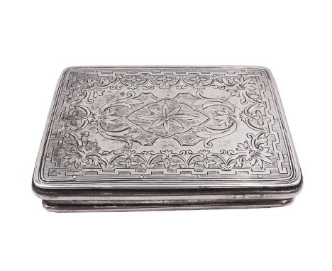 Late Victorian silver snuff box, of rectangular form, engraved with flowers and scrolls, within geometric borders, hallmarked