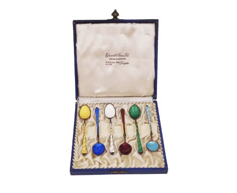 Set of six Danish silver-gilt guilloche enamel coffee spoons, stamped Denmark Sterling, with Birmingham import marks for SJ R