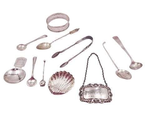 Group of silver, including shell shaped salt, caddy spoon engraved with the Prince of Wales feathers, and a modern 'Sherry' d