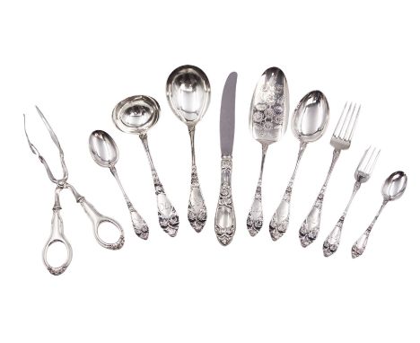 1930s Norwegian silver cutlery for six place settings, comprising table spoons, table forks and silver handled table knives, 