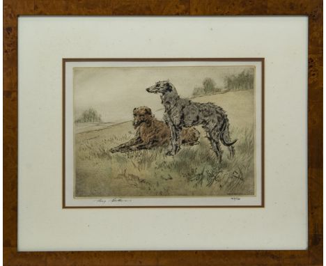 * HENRY WILKINSON (BRITISH 1921 - 2011), DEERHOUNDS limited edition colour drypoint, signed and numbered 143/150 in pencil 25
