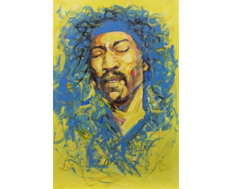SHAHIN MEMISHI (KOSOVO), JIMI HENDRIX oil on canvas, signed 90cm x 60cm Unframed.