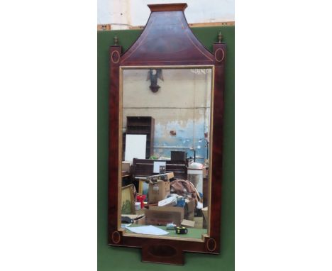 Large and impressive regency style inlaid mahogany wall mirror with brass finials. Approx. 127cms x 57cms

appears reasonable