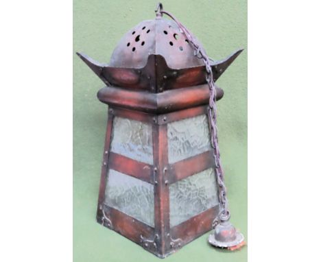 Vintage copper hanging ceiling light fitting with sectional brass panels. Approx. 49cms H

reasonable used with minor scuffs,