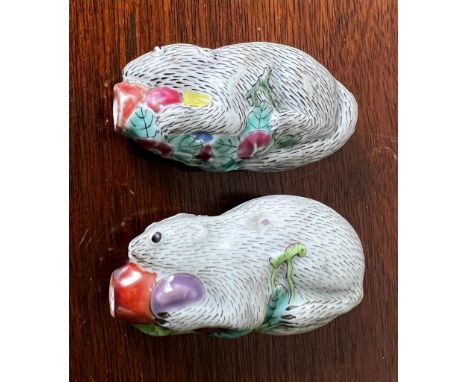 TWO 19th CENTURY CERAMIC SNUFF BOTTLES IN THE FORM OF ORIENTAL SQUIRRELS, APPROX 7.5cm HIGH

 