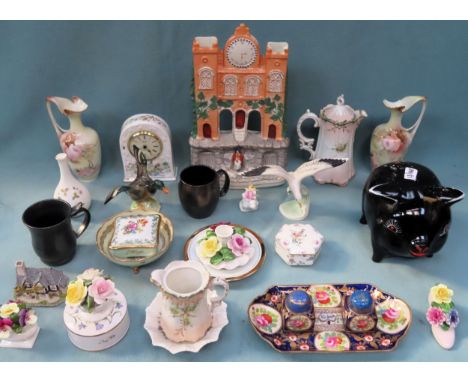 Mixed lot of sundry ceramics including staffordshire flatback figure, crown staffordshire double inkwell, figures including G