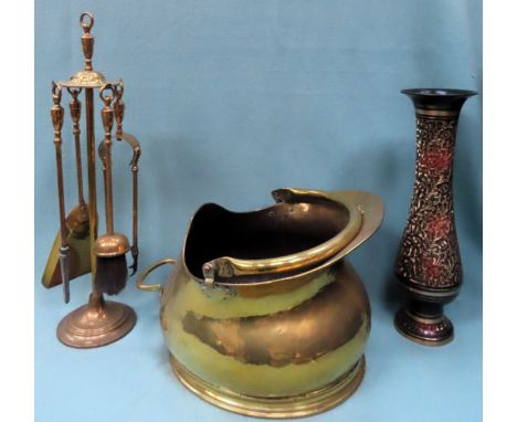 Parcel of brassware including fireside tools, coal bucket, decorative vase etc

All appear in reasonable used condition 