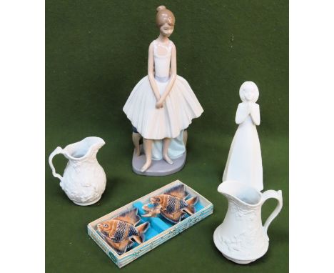 Parcel of ceramics including Nao glazed ceramic figure, Doulton Images figure, two parian ware jugs, plus boxed Wade aqua dis