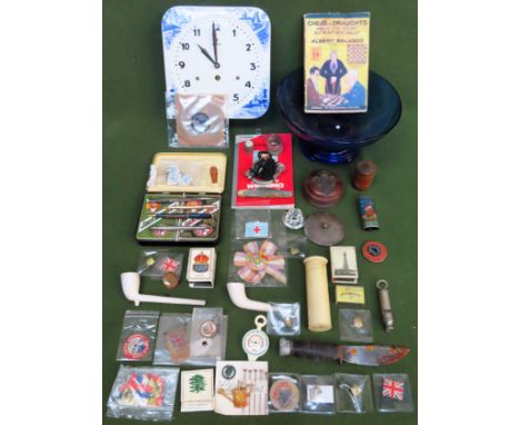 Sundry lot including blue and white ceramic clock, coloured glassware, playing cards, badges etc

All in used condition 
