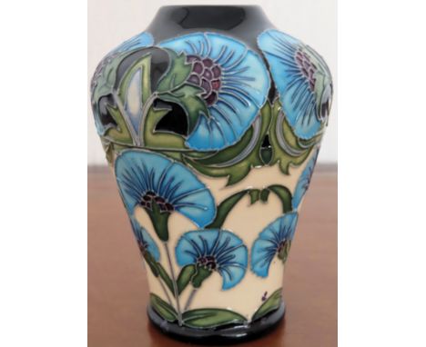 20th century small Moorcroft tubelined floral decorated ceramic vase by Rachel Bishop. Approx. 11.5cm H Reasonable used condi