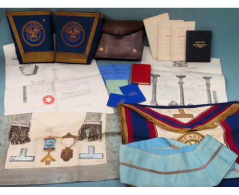Masonic Regalia mainly relating to Jopa Lodge including certificates, sash, silver gilt jewel, aprons etc

All in used condit
