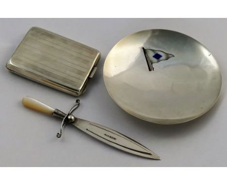 A silver match book holder, Birmingham 1922, a mother of pearl handled bookmark, Birmingham 1925, 10.3cm long, and a silver a