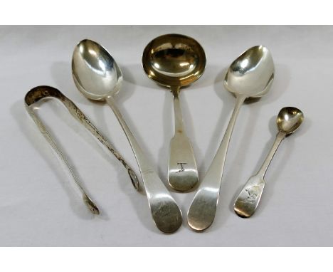 A pair of Georgian silver sugar tongs, with bright cut decoration, by Thomas Wallis, 15.3cm long, and three Georgian and late
