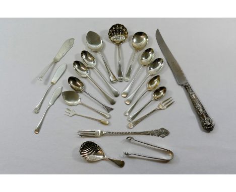 A silver caddy spoon with shell bowl, Sheffield 1916, 9.2cm long, and other small silver cutlery including pickle forks, butt
