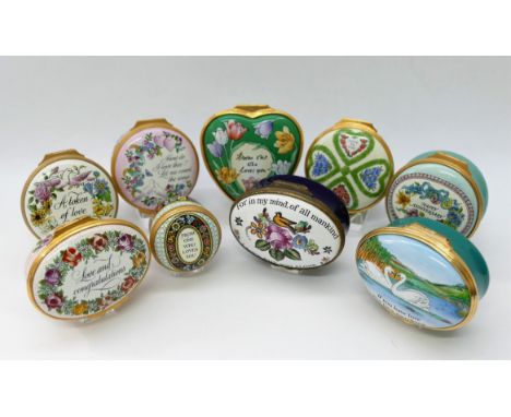 A collection of nine Halcyon Days enamel boxes, a ceramic book ornament entitled 'LOVE', 9cm high, a Limoges porcelain box wi