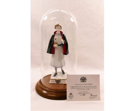 A Royal Worcester porcelain figure of '1960s Guy's Staff Nurse', 23cm high, under glass dome on wooden stand, limited edition