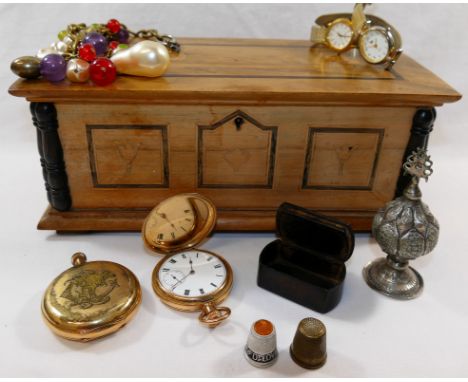 A small quantity of costume jewellery, a Surmands silver plated eyeliner pot, a Georgian papier mache snuff box, two gold pla