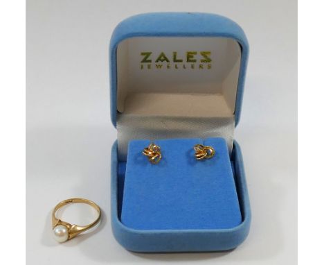 A pair of Italian 9 carat gold stylised knot earrings, stamped '375', and a 9 carat gold cultured pearl single stone ring, co