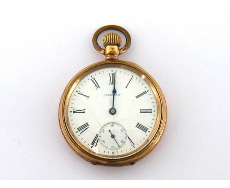 Waltham, a rolled gold open faced pocket watch, circa 1910, the signed white enamel dial with black Roman numerals, blued ste