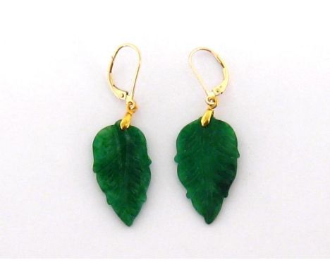 A pair of jade earrings, modelled as leaves, 2.7cm long, the hook fittings stamped '9k', 3.5gms 
