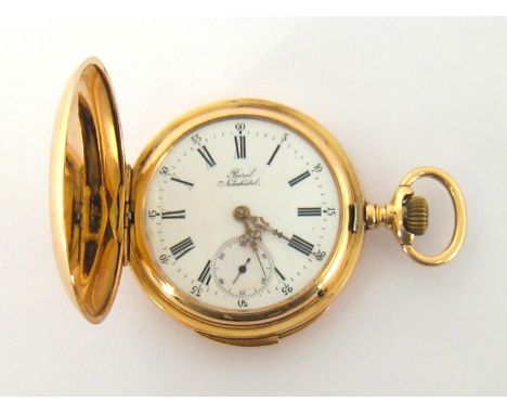 A fine early 20th century 14 carat gold full hunter quarter repeating pocket watch by Borel, Neuchatel, no. 7856, the four pi