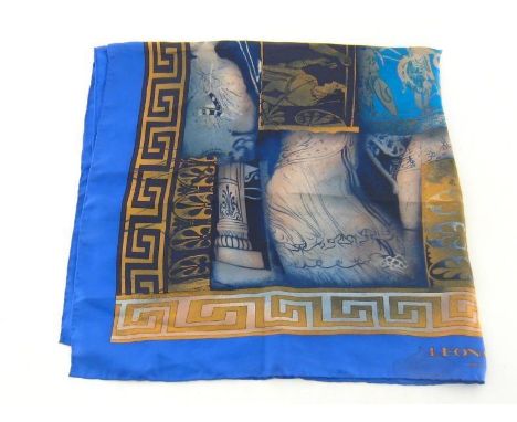 Leonard, Paris, a silk scarf, with blue ground and antiquities inspired design, 90 x 90cm 