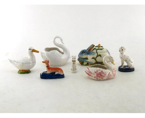 Six ceramic animal figures comprising two ceramic Staffordshire dogs, a greyhound and a Dalmatian, Continental models of a ha