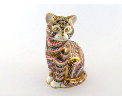 A Royal Crown Derby Cat in striped Gold button, Red factory mark, numbered XLIX. 