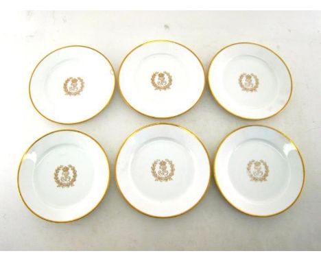 Louis Philippe part dinner service. A set of six French Sevres porcelain dinner plates, circa 1847, in white with gold rim, t