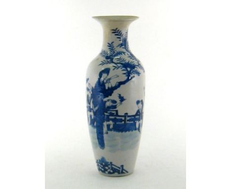 A Chineseblue and white baluster vase with figures and bats, Kangxi marks to the base, Qing period. 