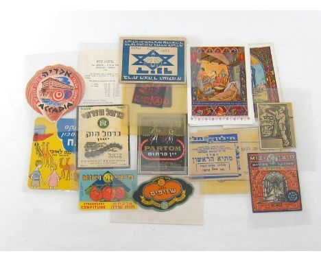 A group of 20 Israeli small prints depicting Bible stories and 14 stickers or labels of Jewish/Israeli interest including adv