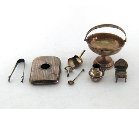 A mixed lot of silver, comprising a George III Samuel Pemberton shovel caddy spoon,  a scent funnel, a cigarette case, a mini