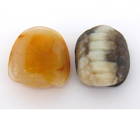 Two Chinese carvings of turtle carapaces, one is finely carved on a grey jade, the other one carved on a brown agate, both pi