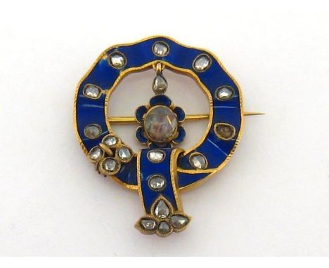 A Georgian blue enamel and diamond garter brooch, the garter set overall with uniformly spaced rose cut diamonds, a large ros