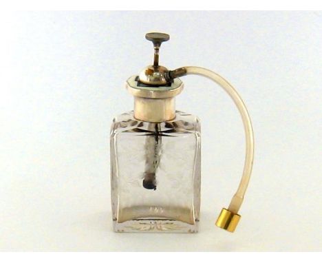 A silver (unmarked but tests silver) and enamel mounted wheel-engraved glass scent atomiser, probably circa 1930, with oyster