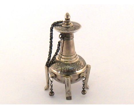 A Chinese Export silver perfume container by Khecheong, Canton, circa 1870,  marked KHC on inside of one leg, in the form of 