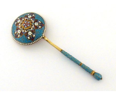 A Russian silver-gilt and cloisonne enamel spoon, maker's mark ND (Cyrillic), "88" standard, Moscow, 1886, with turquoise gro