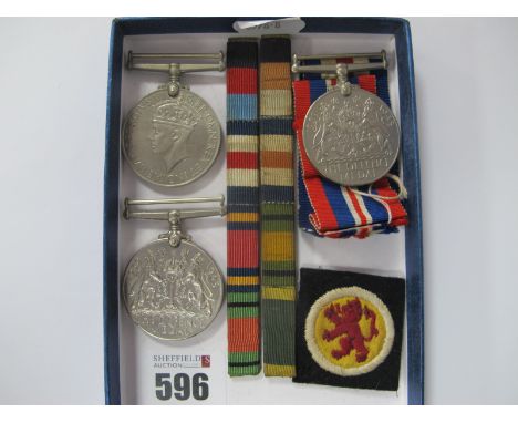 WWII British Medals, including two Defence Medals, Victory Medal, two medal bars, plus WWII Scottish Fifteenth Division patch