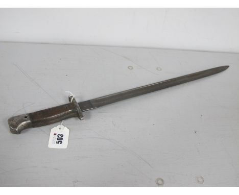 WWII Era British Army Pattern 1907 Bayonet, with steel pommel, wood grips, muzzle ring, straight fullered blade, military mar