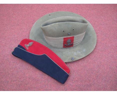 WWII British Army Khaki Felt Hat, with wide folding brim and forage dress side cap, both with Royal Artillery insignia.