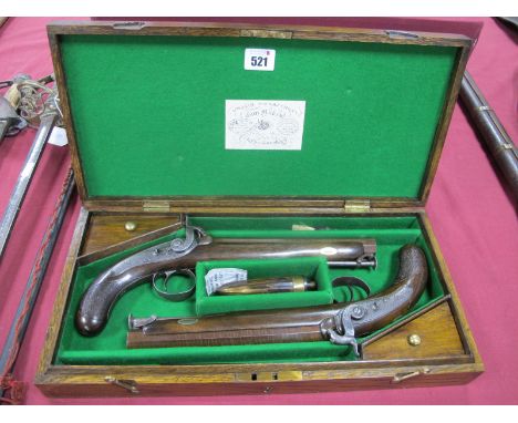 A Pair of Matching Percussion Pistols by Wllliam McLaughlan, with powder flask and modern case, each pistol has fore sight on