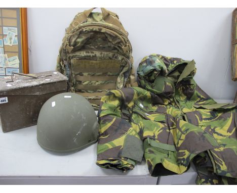  British Army Mark 6 Nylon Fibre Combat Helmets, NBC smock camouflage rucksack and 400 round 7.62mm ammunition box. 