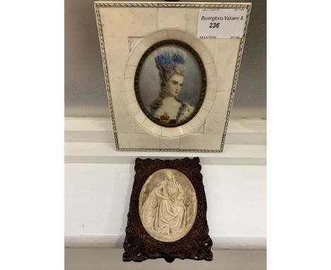 A Continental portrait miniature of a lady; together with a miniature religious carving in relief