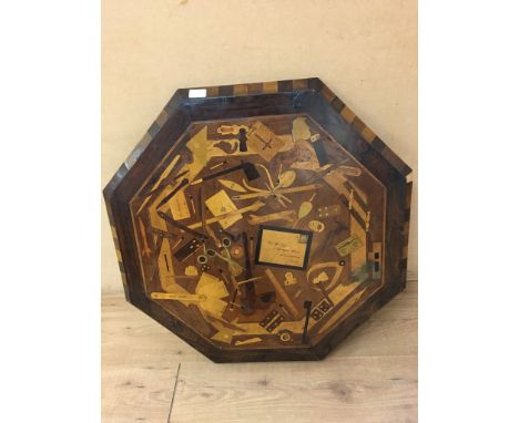 An inlaid table top with tools and woodworking items: exhibited at Chelmsford, c1940s