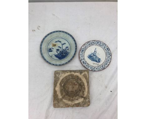 An 18th century Chinese plate; together with an 18th century English dish and medieval tile with face