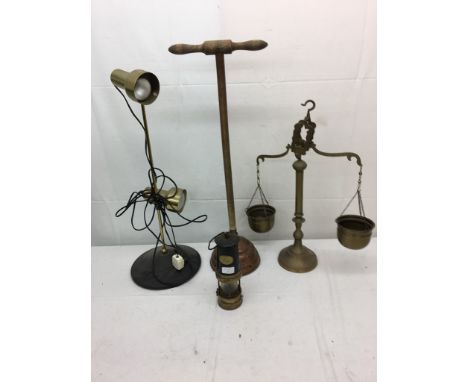 A Davy lamp; together with brass scales and lamp and a vintage copper washer