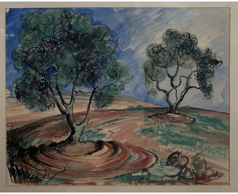 Attributed to Hilda K. Jillard (20th century):A landscape with trees, watercolour & ink, signed lower right, 37 x 47 cm